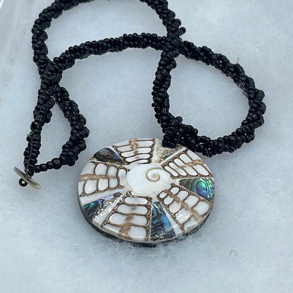 Artisan made Abalone & Pagoda shell pendant black beaded chain.